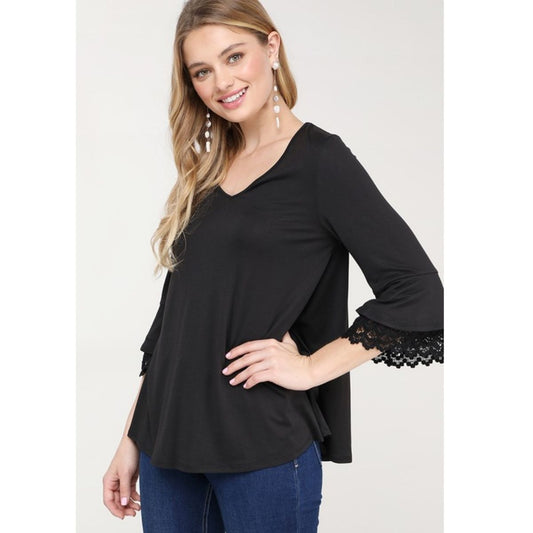 V-NECK 3/4 SLEEVE LAYER RUFFLE TOP WITH LACE