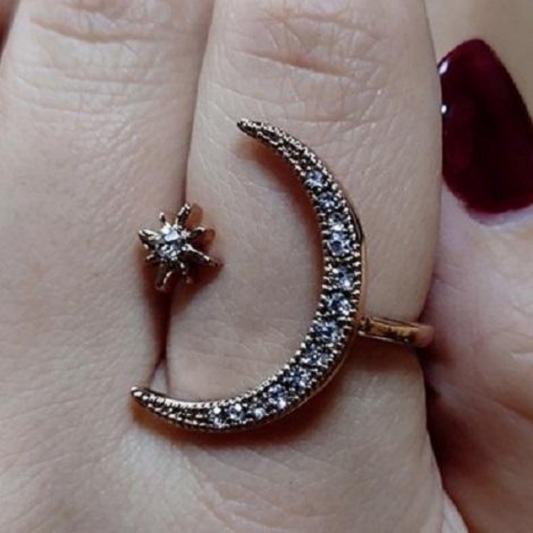 CRESCENT MOON AND STAR OPEN RING