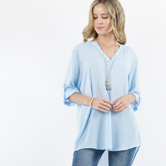 CASUAL WEAR HI-LOW BLOUSE WITH FOLD OVER SLEEVES