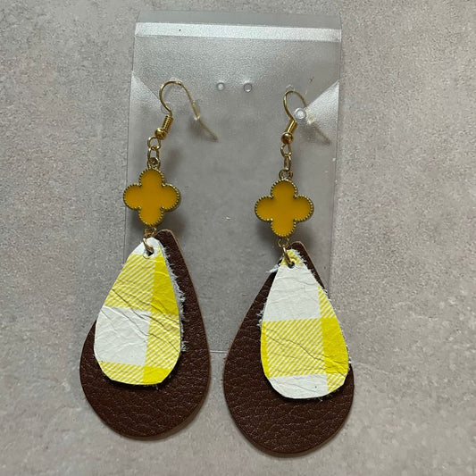 YELLOW CHARM 2 LAYER LEATHER DROP EARRINGS