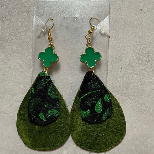 GREEN CHARM 2 LAYER LEATHER EARRINGS