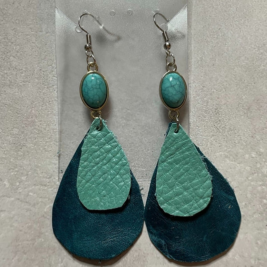 TURQUOISE CHARM 2 LAYER LEATHER EARRINGS