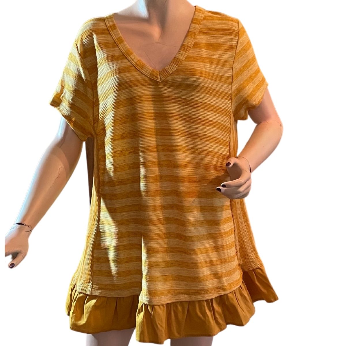 STRIPED V-NECK TUNIC TOP WITH RUFFLE