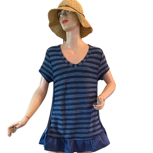 STRIPED V-NECK TUNIC TOP WITH RUFFLE