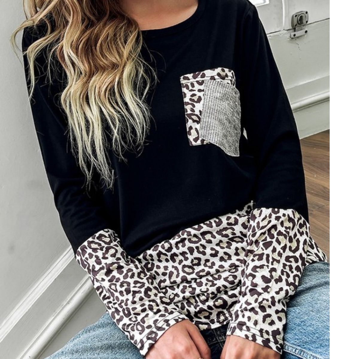CASUAL BLACK AND LEOPARD POCKET TOP