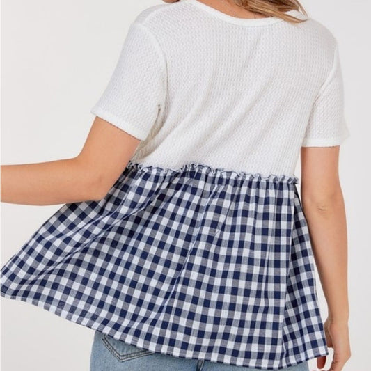 WAFFLE WEAVE BABY DOLL CONTRAST TOP