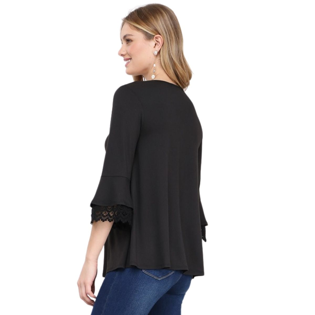 V-NECK 3/4 SLEEVE LAYER RUFFLE TOP WITH LACE