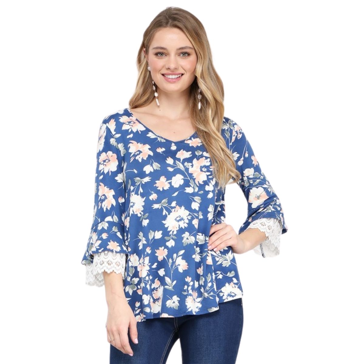 V-NECK 3/4 SLEEVE LAYER RUFFLE TOP WITH LACE