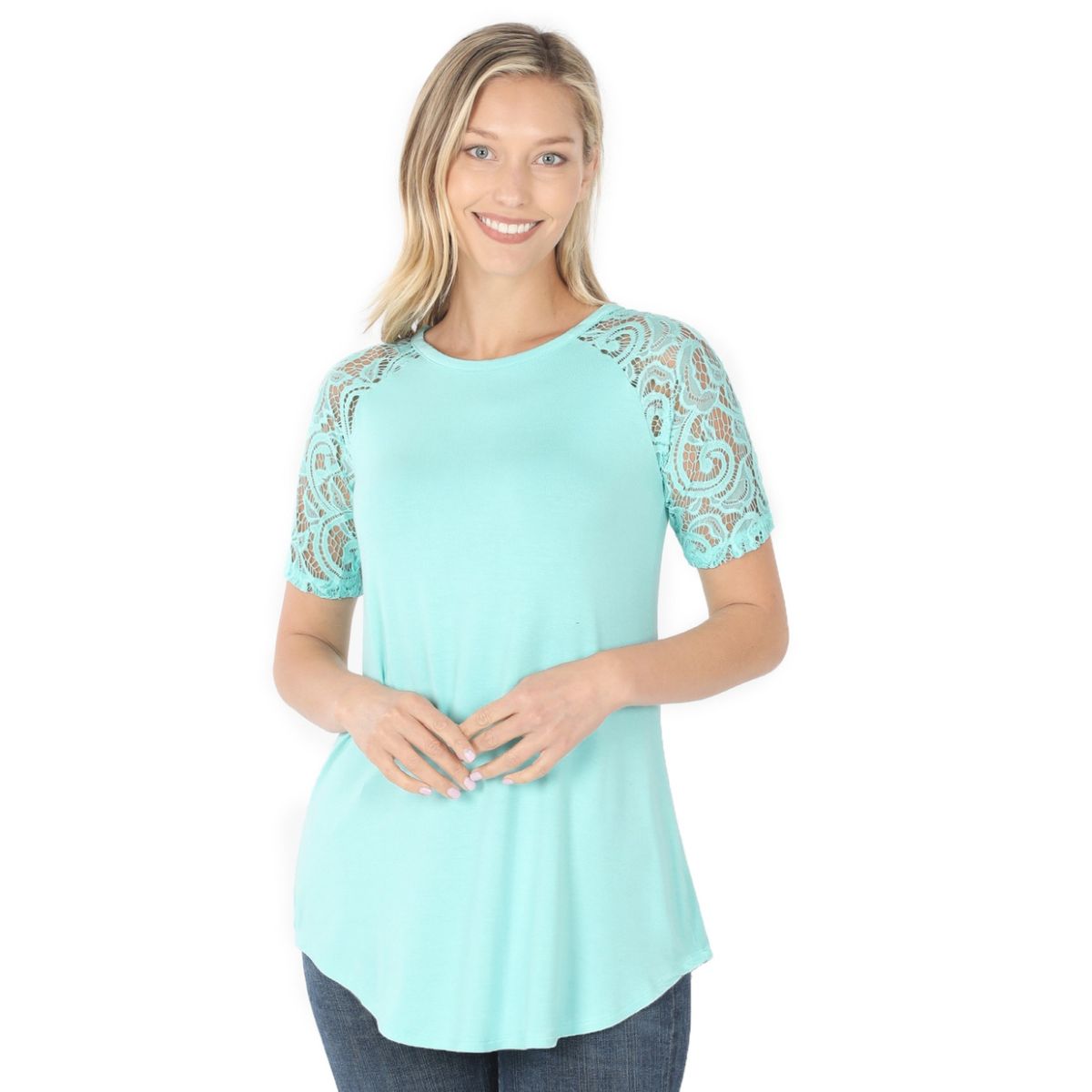 LACE SHORT SLEEVE ROUND HEM TOP