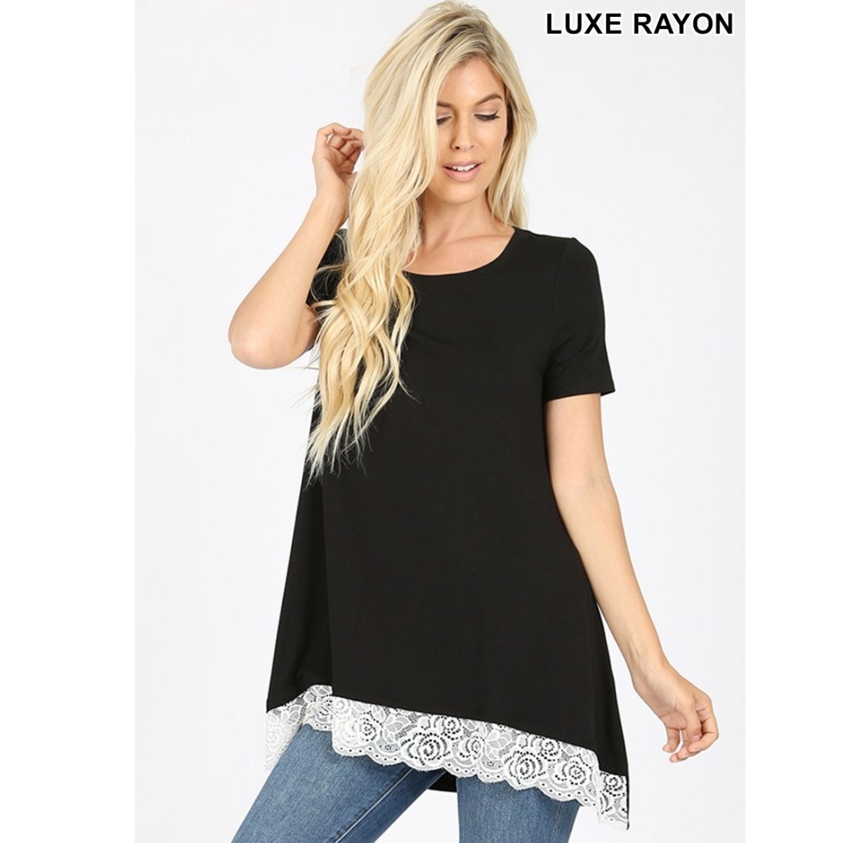 MUST HAVE  SHORT SLEEVE LACE TRIM HI-LOW HEM TUNIC