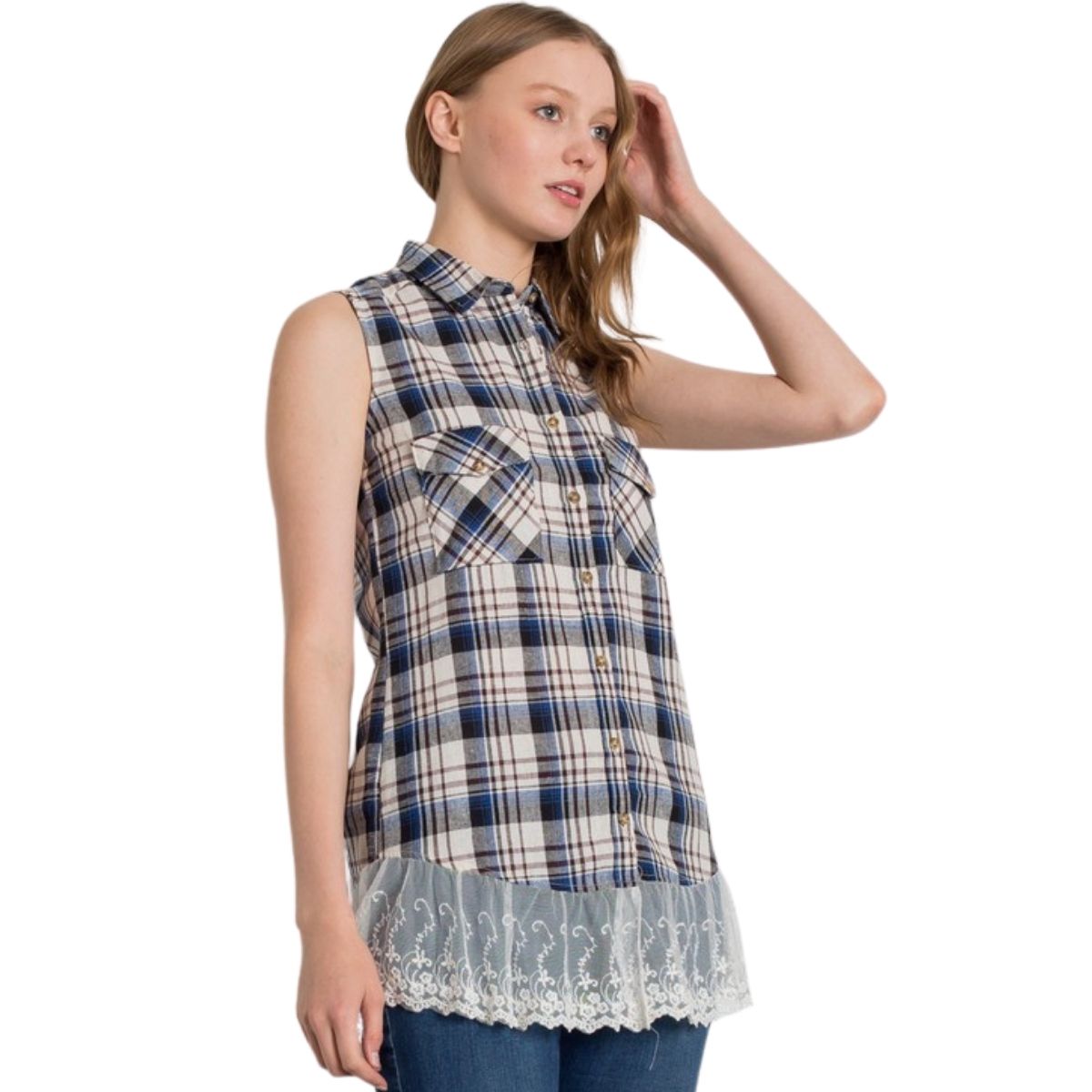 PLAID FRONT POCKET LACED HEM TOP