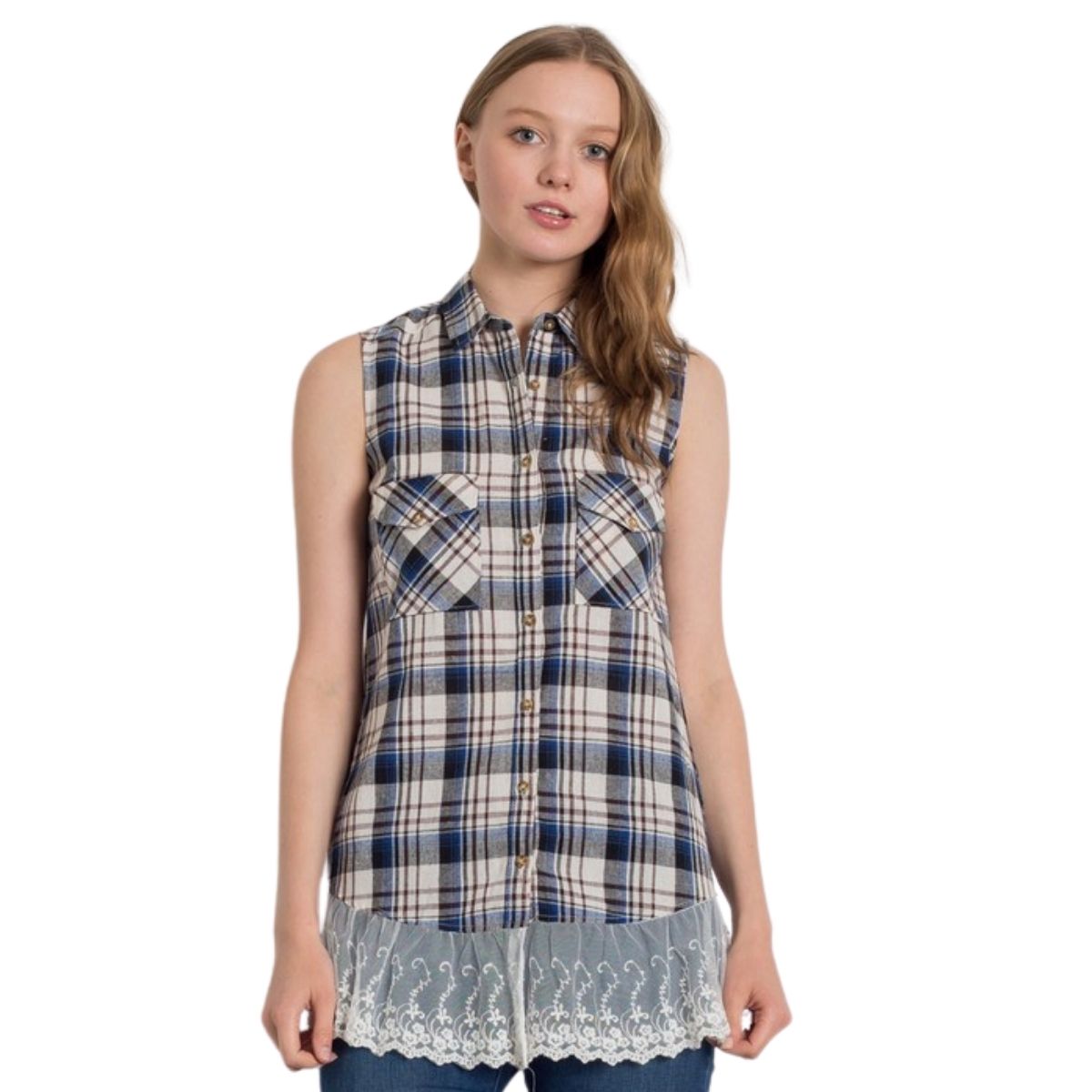 PLAID FRONT POCKET LACED HEM TOP