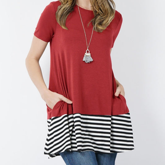 UPTOWN LOUNGE STRIPED CONTRAST SHORT SLEEVE POCKET TOP