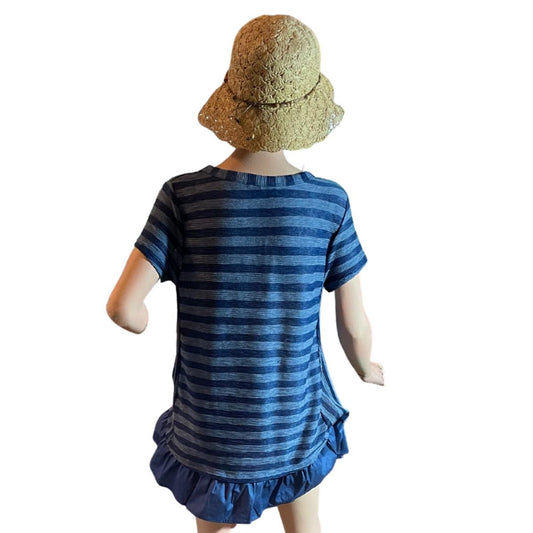 STRIPED V-NECK TUNIC TOP WITH RUFFLE