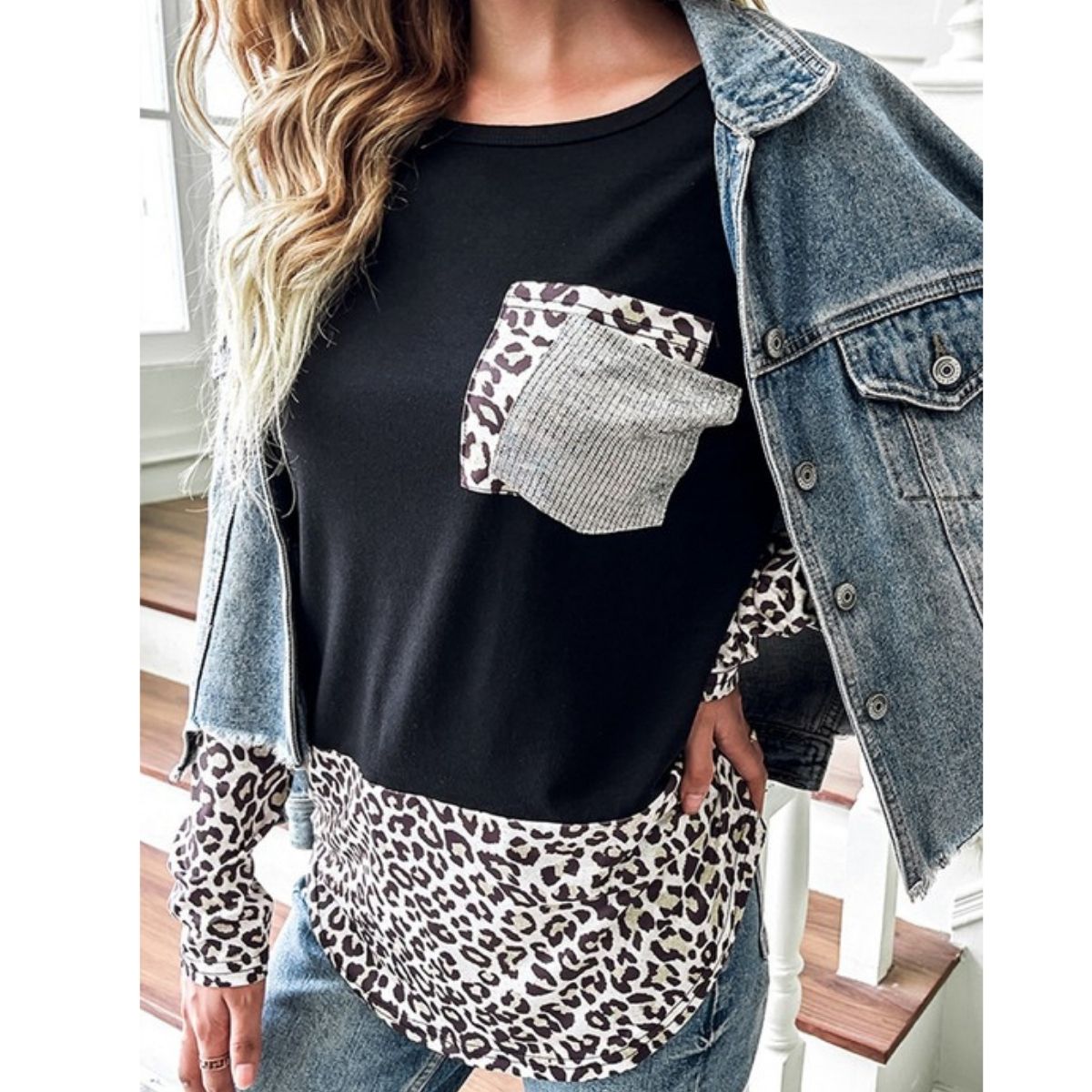 CASUAL BLACK AND LEOPARD POCKET TOP